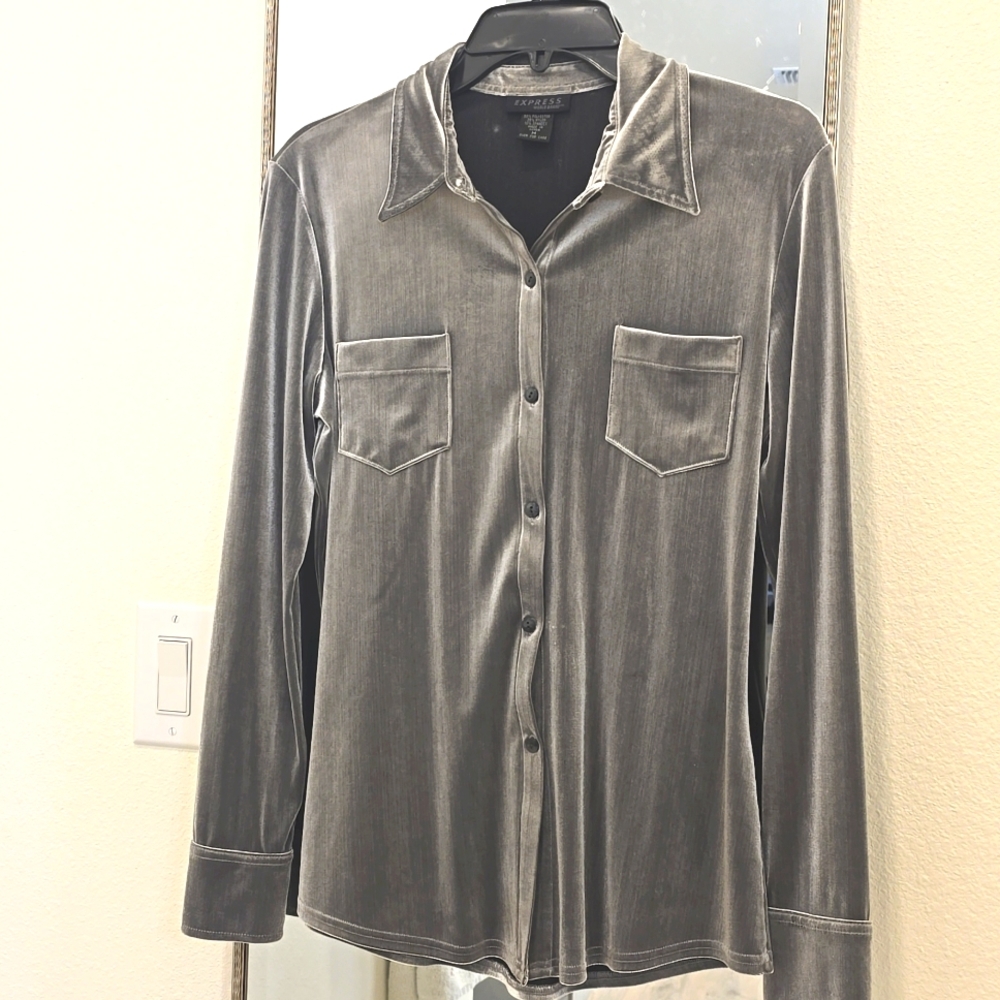 VINTAGE 90's Express Silver Velour Blouse Shirt